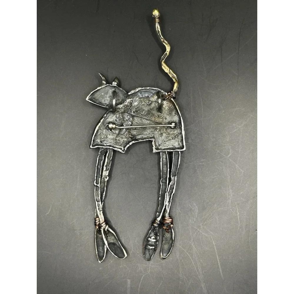 RARE Large Signed Artisan Cat Brooch 105/250 Mixed Metal Studio Jewelry Pin